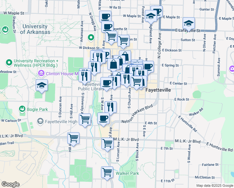 map of restaurants, bars, coffee shops, grocery stores, and more near 102 South School Avenue in Fayetteville