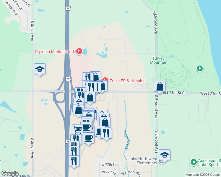 map of restaurants, bars, coffee shops, grocery stores, and more near 701 West 71st Street South in Tulsa