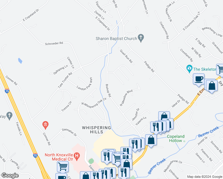 map of restaurants, bars, coffee shops, grocery stores, and more near 7812 Bishop Road in Knoxville