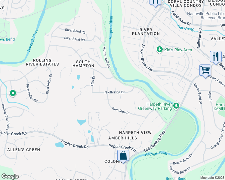 map of restaurants, bars, coffee shops, grocery stores, and more near 400 Northridge Court in Nashville