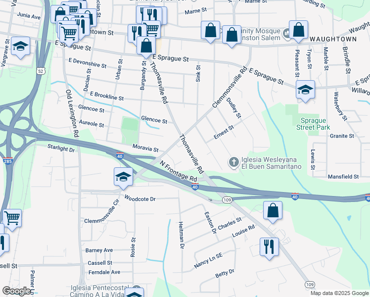 map of restaurants, bars, coffee shops, grocery stores, and more near 2822 Thomasville Road in Winston-Salem