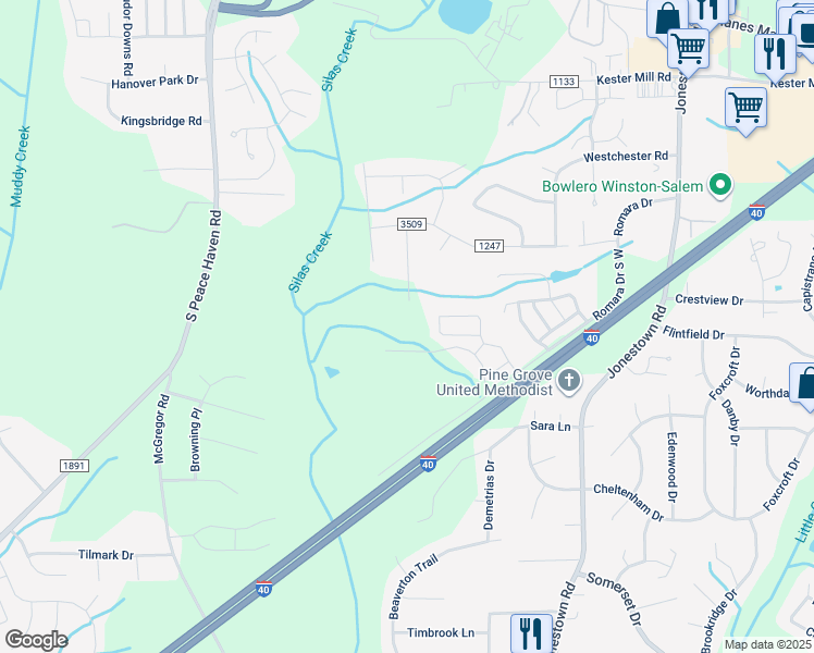 map of restaurants, bars, coffee shops, grocery stores, and more near 4929 Romara Drive in Winston-Salem