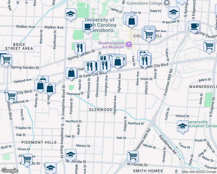 map of restaurants, bars, coffee shops, grocery stores, and more near 813 Lexington Avenue in Greensboro
