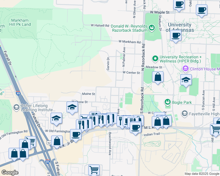 map of restaurants, bars, coffee shops, grocery stores, and more near 1721 Nettleship Street in Fayetteville