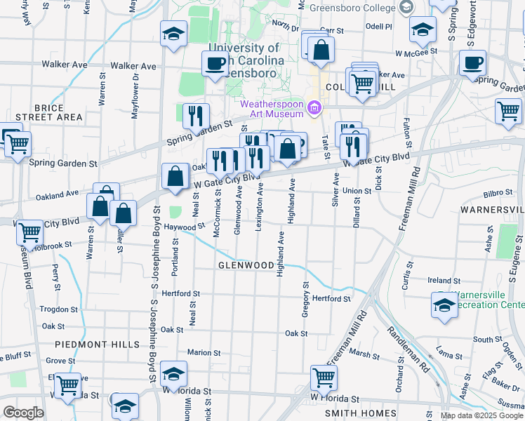 map of restaurants, bars, coffee shops, grocery stores, and more near 813 Lexington Avenue in Greensboro