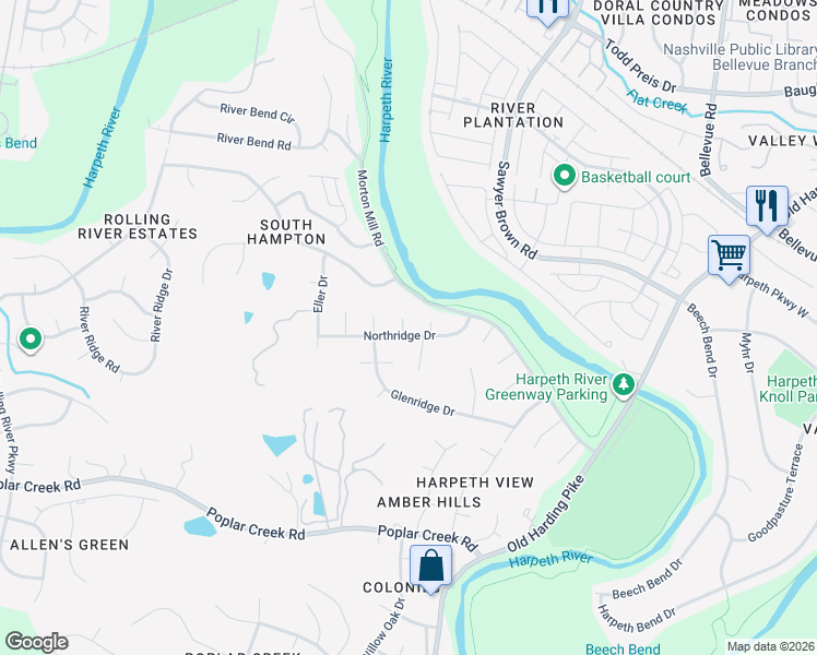 map of restaurants, bars, coffee shops, grocery stores, and more near 400 Northridge Ct in Nashville
