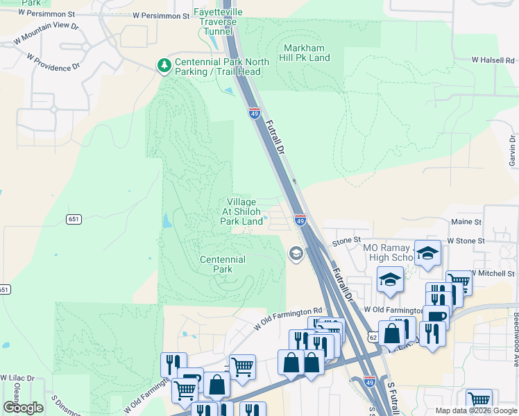 map of restaurants, bars, coffee shops, grocery stores, and more near 231 South Rolling Woods Way in Fayetteville