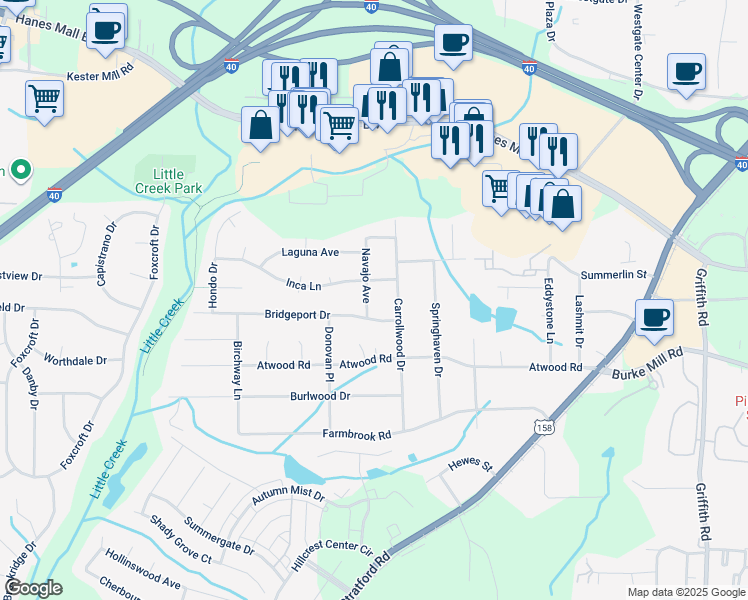 map of restaurants, bars, coffee shops, grocery stores, and more near 2913 Navajo Avenue in Winston-Salem