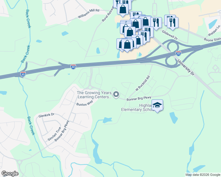 map of restaurants, bars, coffee shops, grocery stores, and more near 1036 Kelso Lane in Burlington