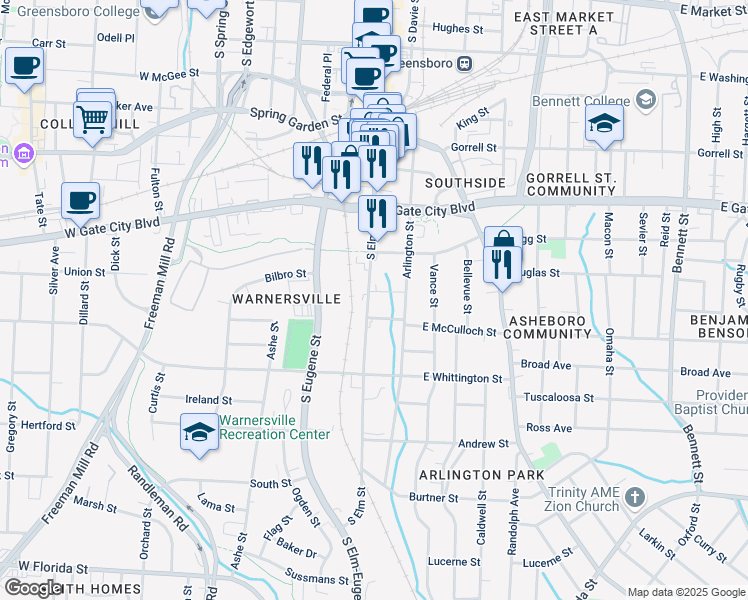 map of restaurants, bars, coffee shops, grocery stores, and more near 853 South Elm Street in Greensboro