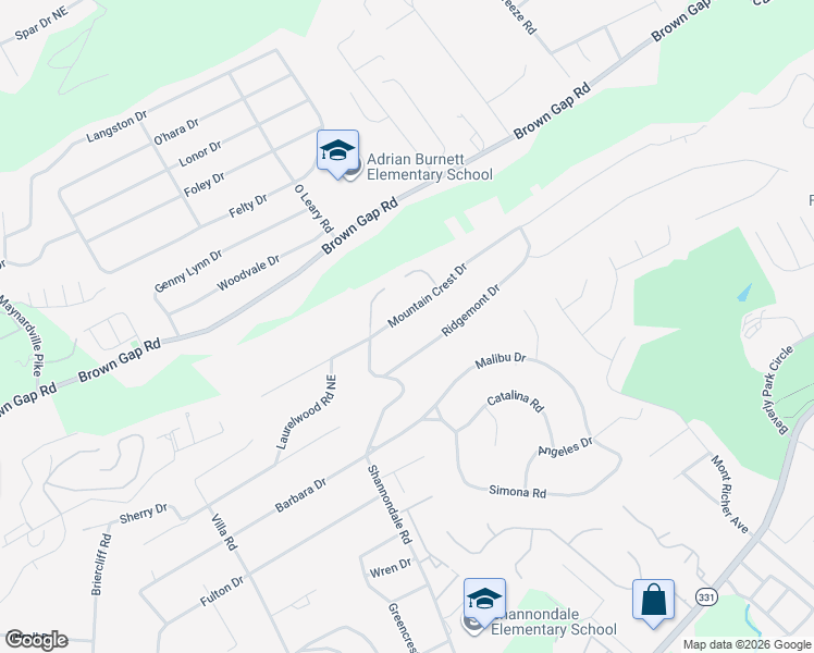 map of restaurants, bars, coffee shops, grocery stores, and more near 5016 Mountain Crest Drive in Knoxville