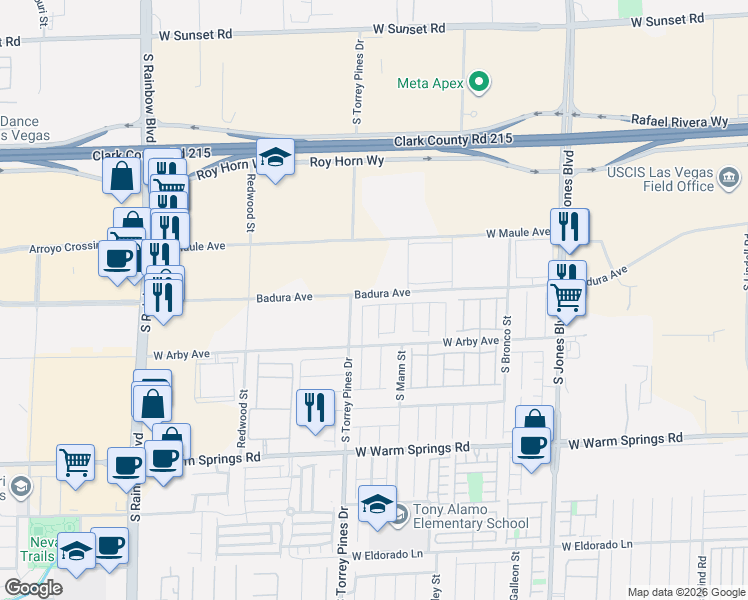 map of restaurants, bars, coffee shops, grocery stores, and more near 6625 Badura Avenue in Las Vegas