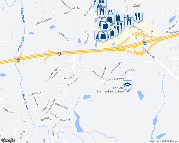 map of restaurants, bars, coffee shops, grocery stores, and more near 1050 Kelso Lane in Burlington