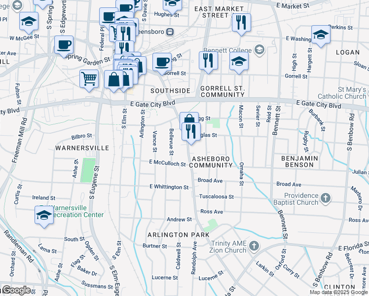 map of restaurants, bars, coffee shops, grocery stores, and more near 620 Martin Luther King Junior Drive in Greensboro