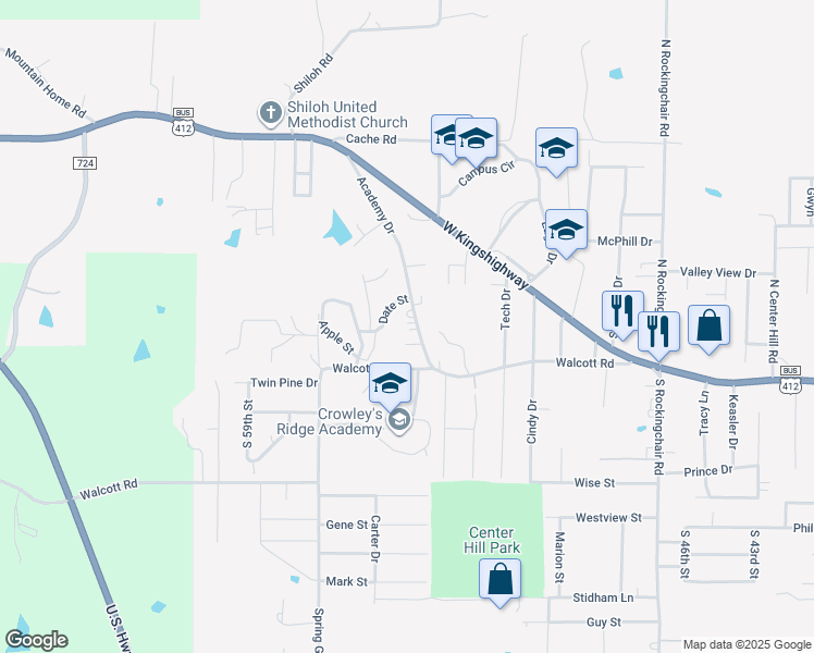 map of restaurants, bars, coffee shops, grocery stores, and more near 404 Academy Drive in Paragould