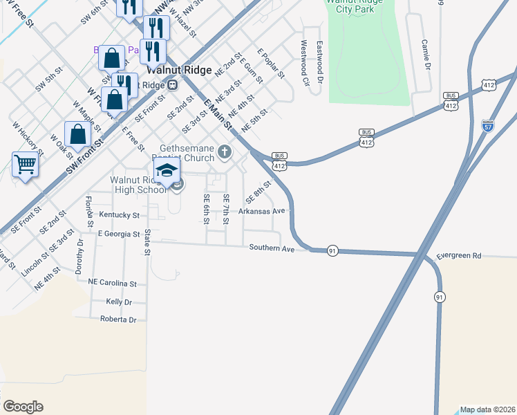 map of restaurants, bars, coffee shops, grocery stores, and more near 204 Arkansas Avenue in Walnut Ridge