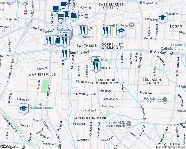 map of restaurants, bars, coffee shops, grocery stores, and more near 620 Martin Luther King Junior Drive in Greensboro