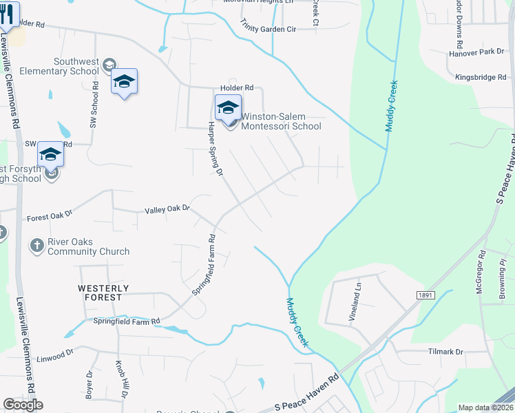 map of restaurants, bars, coffee shops, grocery stores, and more near 1812 Springfield Farm Court in Clemmons