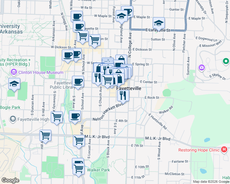 map of restaurants, bars, coffee shops, grocery stores, and more near in Fayetteville