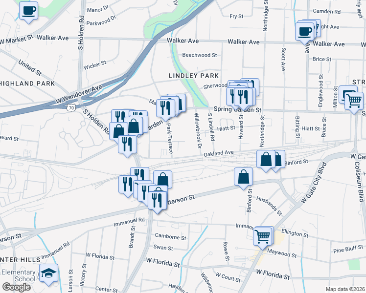 map of restaurants, bars, coffee shops, grocery stores, and more near 2705 Hiatt Street in Greensboro