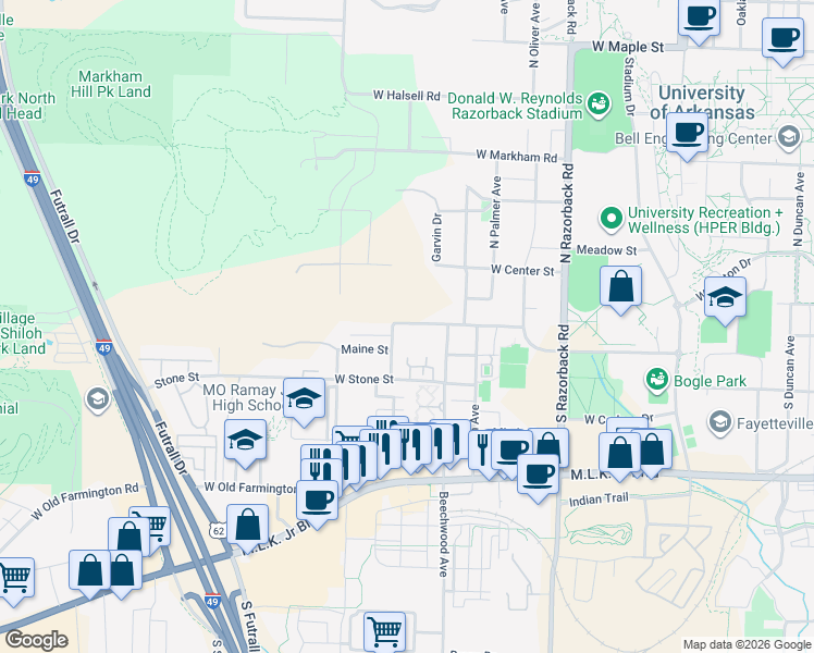 map of restaurants, bars, coffee shops, grocery stores, and more near 1849 Nettleship Street in Fayetteville