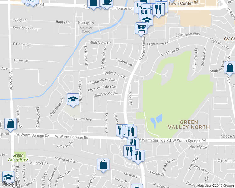 map of restaurants, bars, coffee shops, grocery stores, and more near 2336 Valleywood Road in Henderson