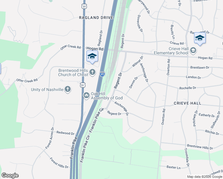 map of restaurants, bars, coffee shops, grocery stores, and more near 5157 Regent Drive in Nashville