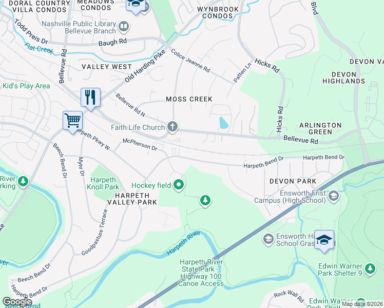 map of restaurants, bars, coffee shops, grocery stores, and more near 636 Harpeth Bend Drive in Nashville