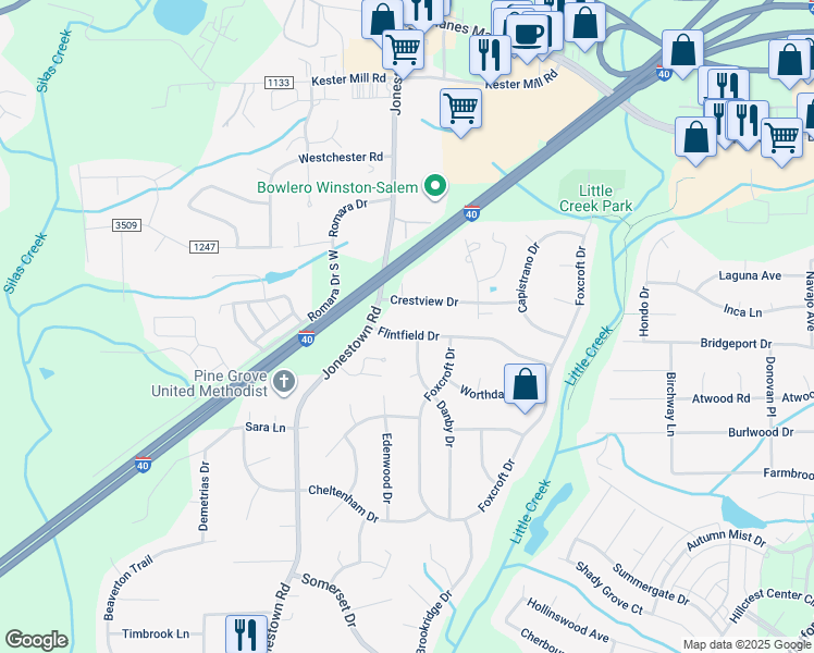 map of restaurants, bars, coffee shops, grocery stores, and more near 107 Flintfield Drive in Winston-Salem
