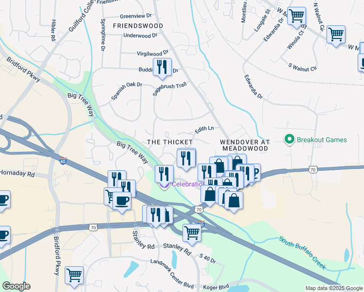 map of restaurants, bars, coffee shops, grocery stores, and more near 4230 Edith Lane in Greensboro