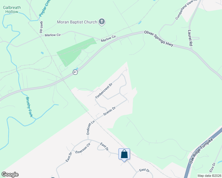 map of restaurants, bars, coffee shops, grocery stores, and more near 115 Timbercrest Drive in Oak Ridge