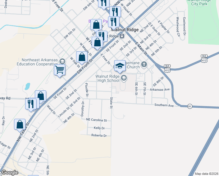 map of restaurants, bars, coffee shops, grocery stores, and more near 714 State Street in Walnut Ridge City #19