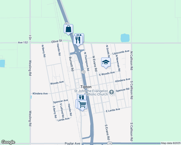 map of restaurants, bars, coffee shops, grocery stores, and more near 334 North Thompson Road in Tipton