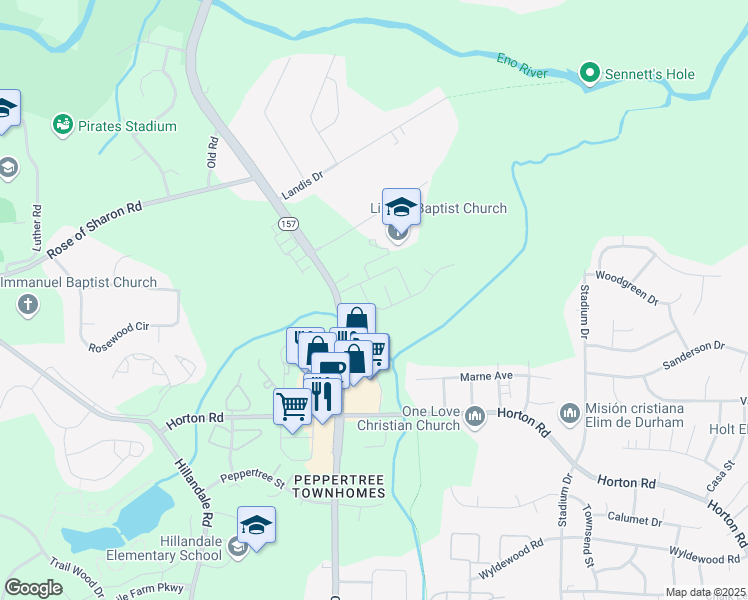 map of restaurants, bars, coffee shops, grocery stores, and more near 1418 Nicklaus Drive in Durham