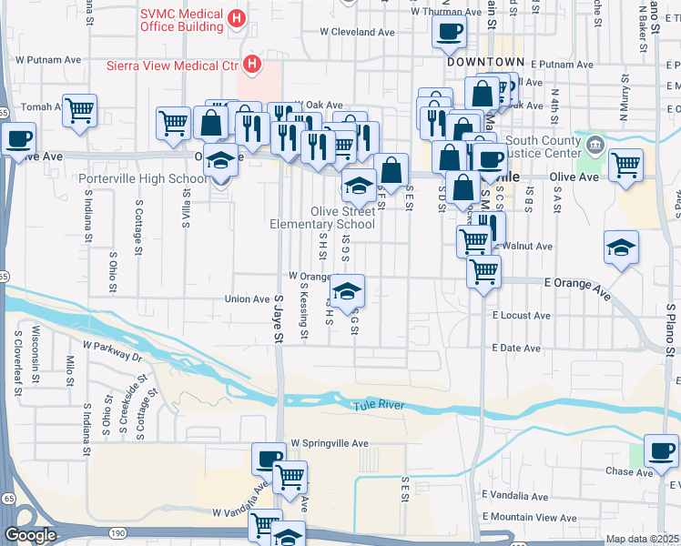map of restaurants, bars, coffee shops, grocery stores, and more near 225 South G Street in Porterville