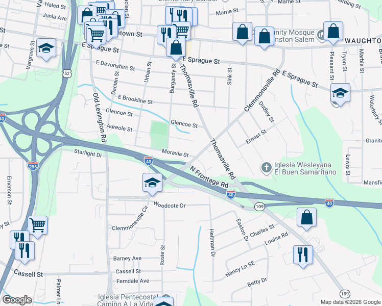 map of restaurants, bars, coffee shops, grocery stores, and more near 939 Moravia Street in Winston-Salem