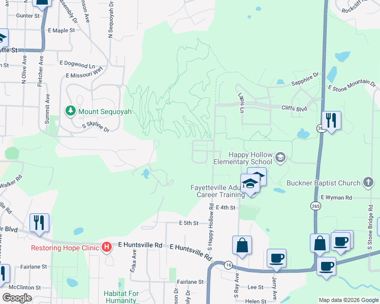 map of restaurants, bars, coffee shops, grocery stores, and more near 1697 East Acacia Crossing in Fayetteville