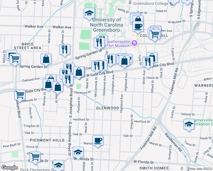 map of restaurants, bars, coffee shops, grocery stores, and more near 831 Glenwood Avenue in Greensboro