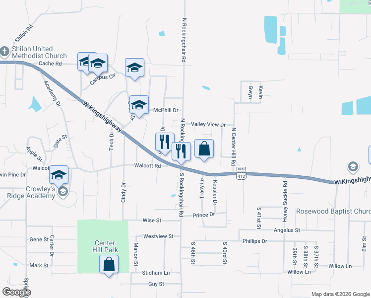 map of restaurants, bars, coffee shops, grocery stores, and more near 201 North Rockingchair Road in Paragould