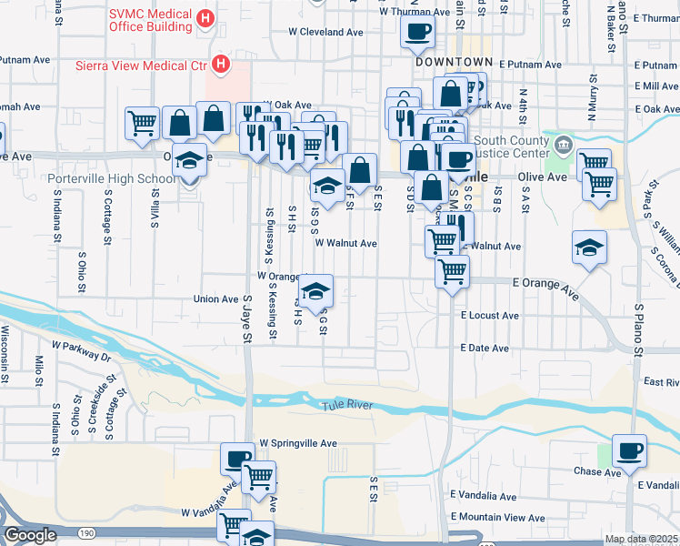 map of restaurants, bars, coffee shops, grocery stores, and more near 229 South F Street in Porterville