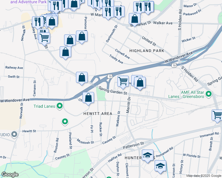 map of restaurants, bars, coffee shops, grocery stores, and more near 3804 Spring Garden Street in Greensboro