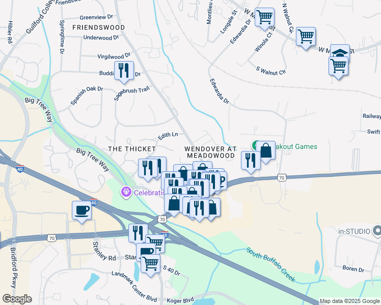 map of restaurants, bars, coffee shops, grocery stores, and more near 902 Meadowood Street in Greensboro