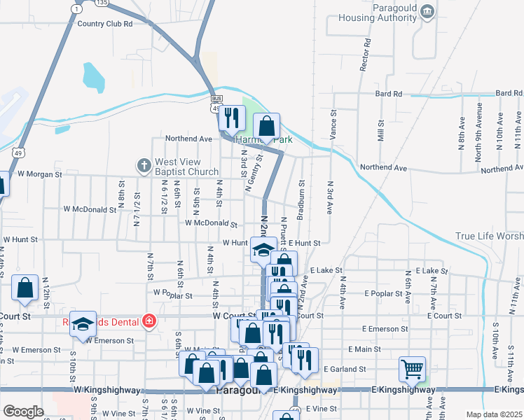 map of restaurants, bars, coffee shops, grocery stores, and more near 616 North 2nd Street in Paragould