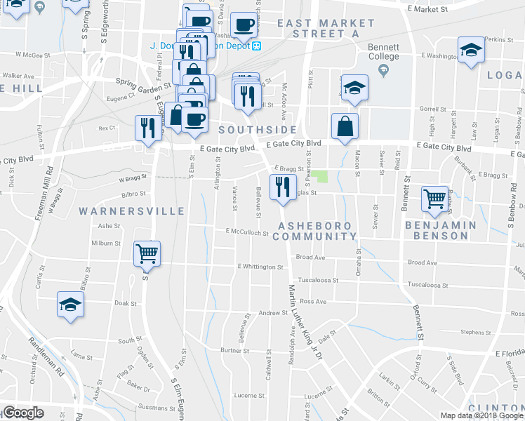 map of restaurants, bars, coffee shops, grocery stores, and more near 823 Bellevue Street in Greensboro