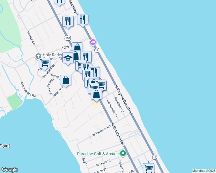 map of restaurants, bars, coffee shops, grocery stores, and more near 3711 Hallett Street in Kitty Hawk