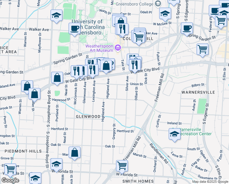 map of restaurants, bars, coffee shops, grocery stores, and more near 812 Gregory Street in Greensboro