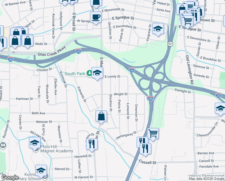 map of restaurants, bars, coffee shops, grocery stores, and more near 2745 Stockton Street in Winston-Salem