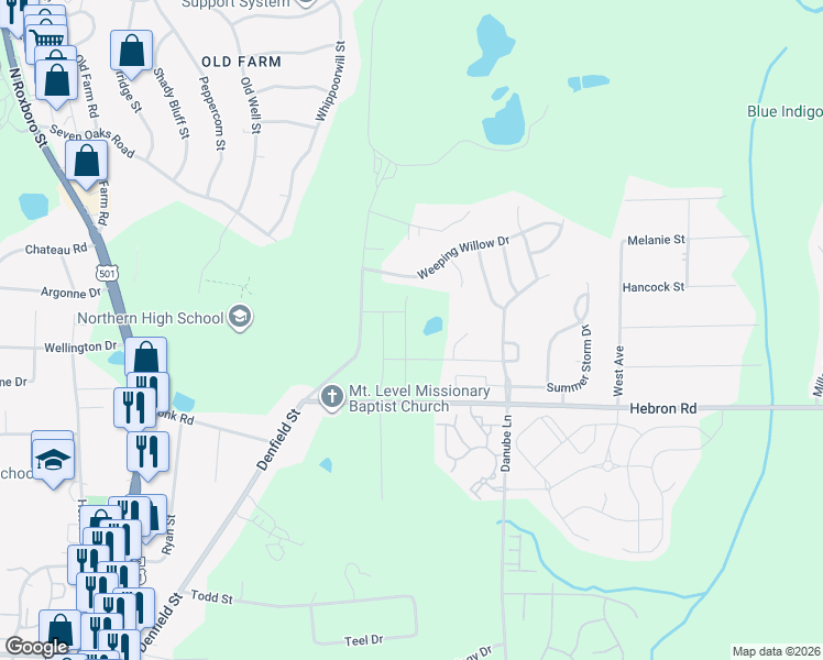 map of restaurants, bars, coffee shops, grocery stores, and more near 4728 Denfield Street in Durham