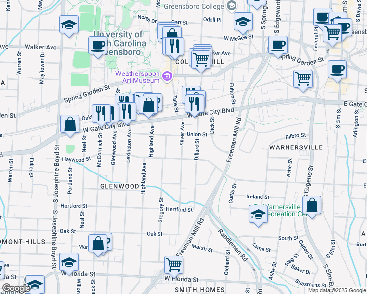 map of restaurants, bars, coffee shops, grocery stores, and more near 817 Silver Avenue in Greensboro