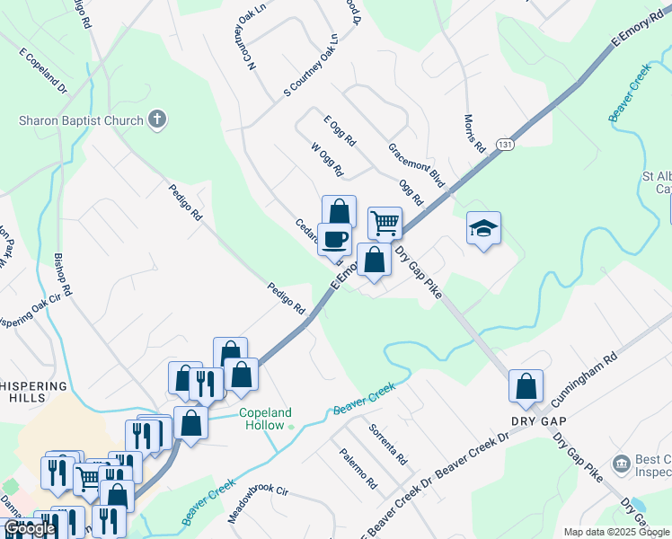 map of restaurants, bars, coffee shops, grocery stores, and more near 1317 East Emory Road in Knoxville
